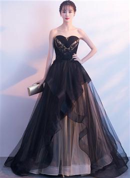 Picture of Pretty Black Color and Champagne Tulle Sweethart Party Dresses, Black Color Gown